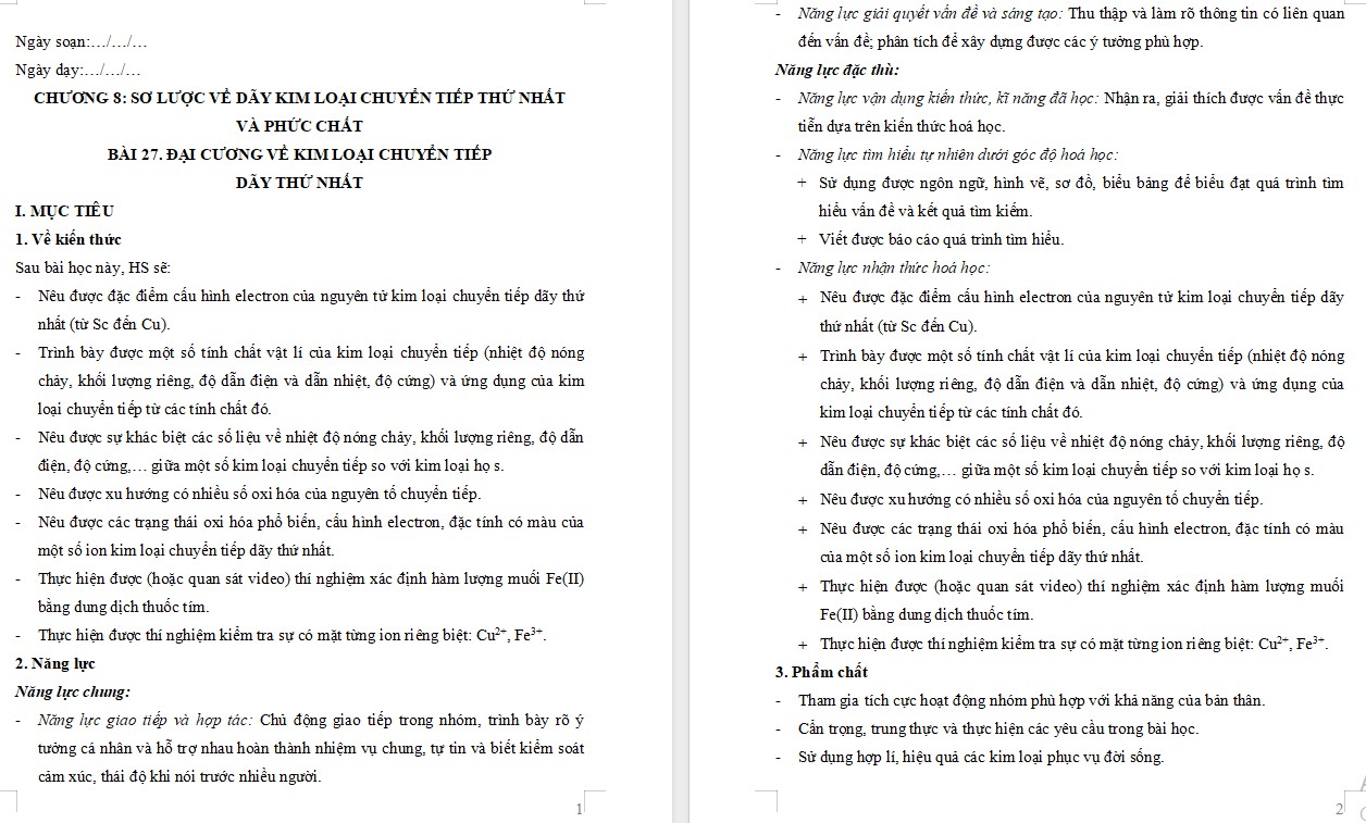 Kế hoạch bài dạy Hóa 12 KNTT Bài 27