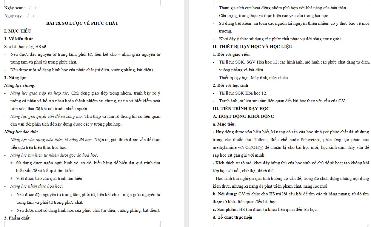 Kế hoạch bài dạy Hóa 12 KNTT Bài 28