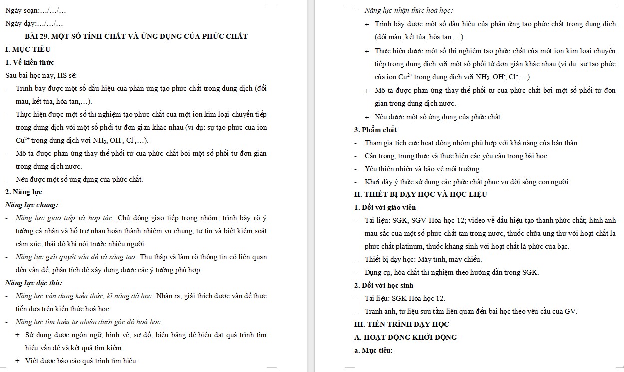 Kế hoạch bài dạy Hóa 12 KNTT Bài 29