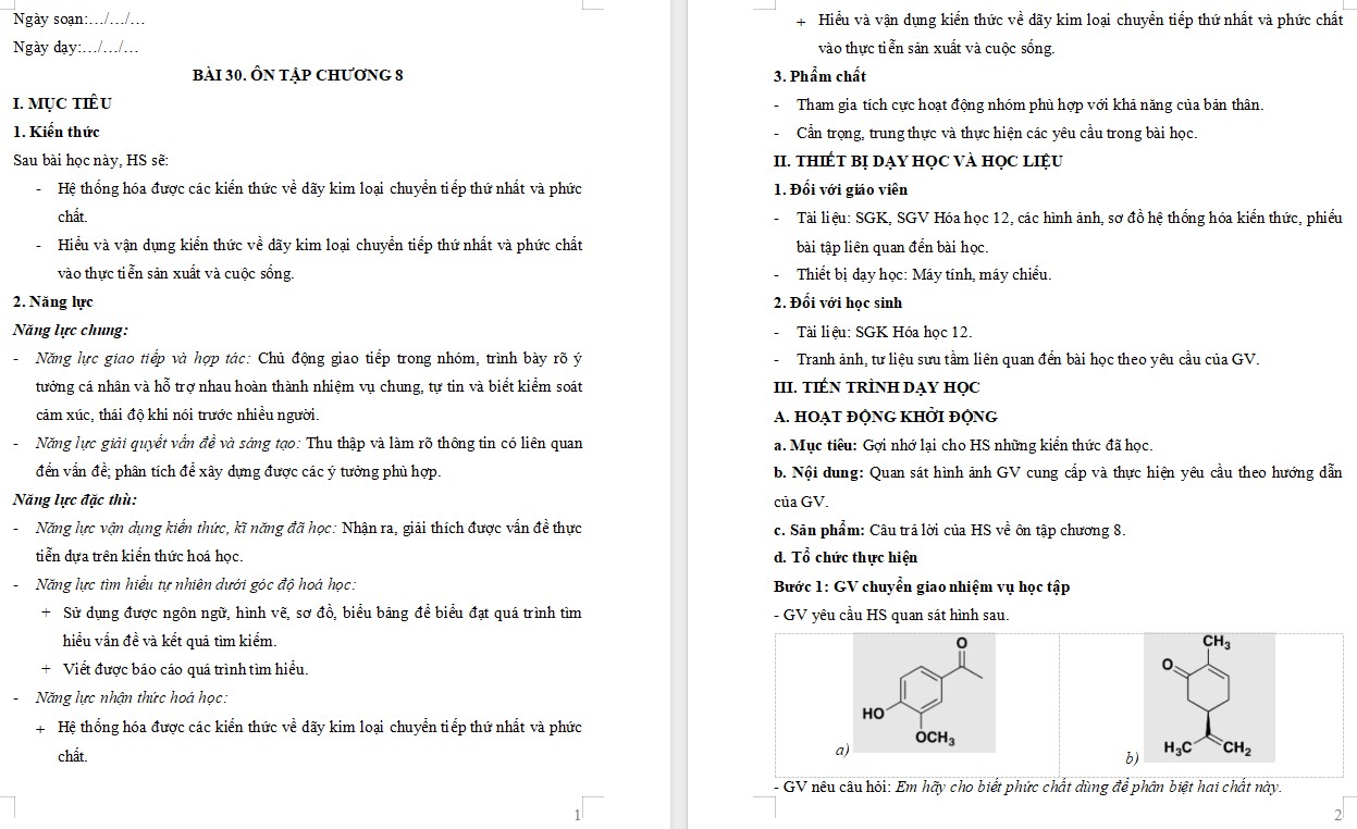 Kế hoạch bài dạy Hóa 12 KNTT Bài 30