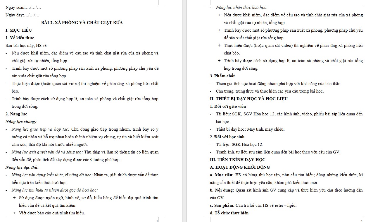 Kế hoạch bài dạy Hóa học 12 KNTT Bài 2
