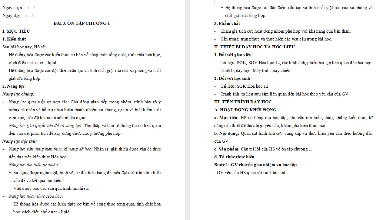 Kế hoạch bài dạy Hóa học 12 KNTT Bài 3