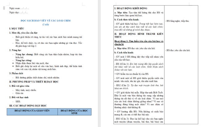 Giáo án Tiếng Việt 2 Bài 23: Đọc sách báo viết về các loài chim