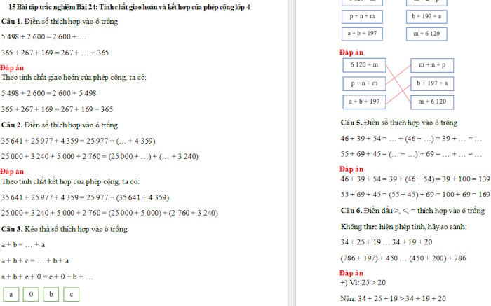Trắc nghiệm Toán 4 Bài 24: Tính chất giao hoán và kết hợp của phép cộng