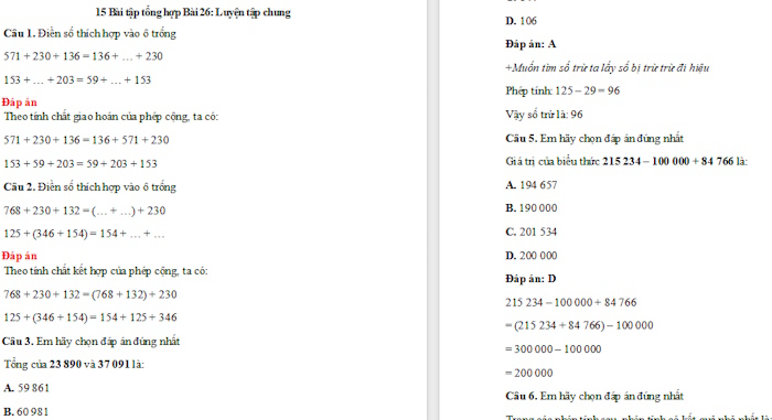 Trắc nghiệm Toán 4 Bài 26: Luyện tập chung