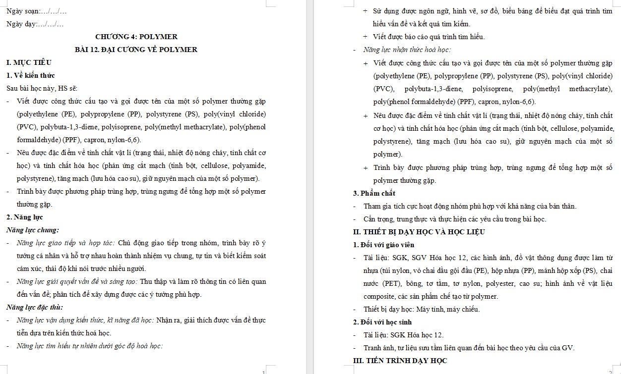 Kế hoạch bài dạy Hóa học 12 KNTT Bài 12