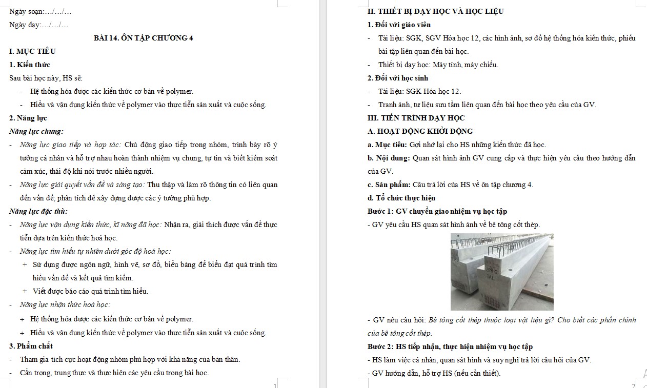 Kế hoạch bài dạy Hóa học 12 KNTT Bài 14