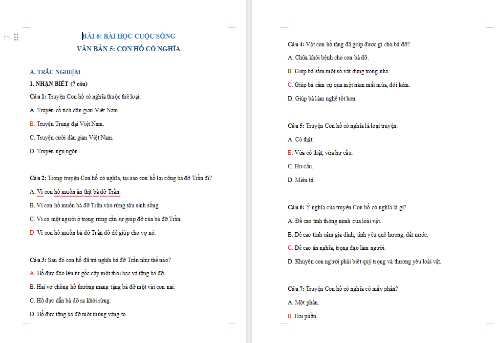Ngữ văn 7 Bài 6: Con hổ có nghĩa