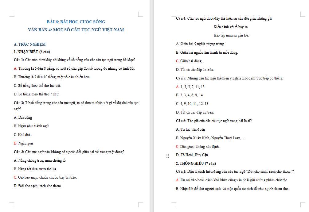 Trắc nghiệm Ngữ văn 7 Bài 6: Một số câu tục ngữ Việt Nam