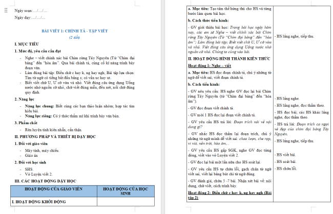 Giáo án Tiếng Việt 2 Bài 24: Nghe - viết Chim rừng Tây Nguyên. Chữ hoa U, Ư