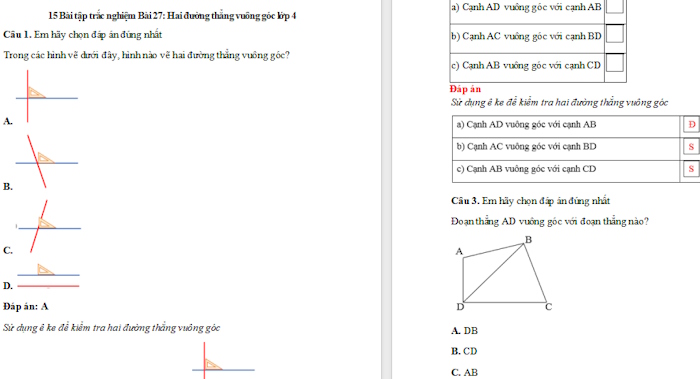 Trắc nghiệm Toán 4 Bài 27: Hai đường thẳng vuông góc