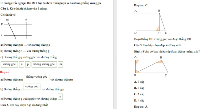 Trắc nghiệm Toán 4 Bài 28: Thực hành và trải nghiệm vẽ hai đường thẳng vuông góc