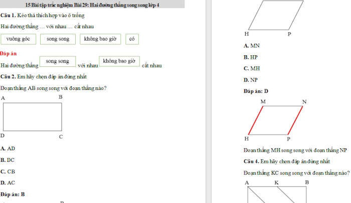Trắc nghiệm Toán 4 Bài 29: Hai đường thẳng song song