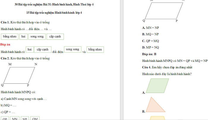 Trắc nghiệm Toán 4 Bài 31: Hình bình hành, hình thoi