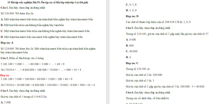 Trắc nghiệm Toán 4 Bài 33: Ôn tập các số đến lớp triệu