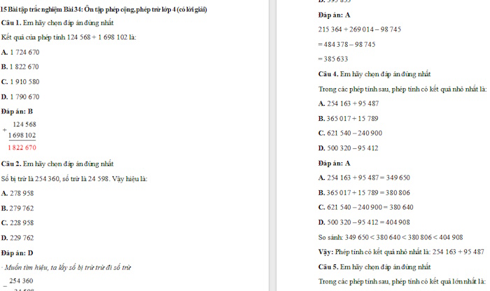 Trắc nghiệm Toán 4 Bài 34: Ôn tập phép cộng, phép trừ