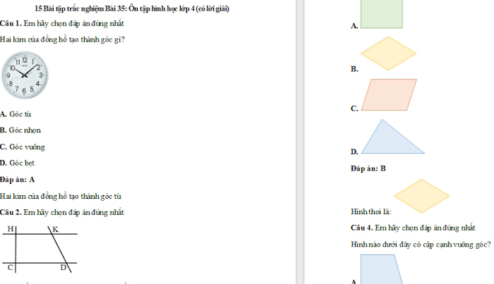 Trắc nghiệm Toán 4 Bài 35: Ôn tập hình học
