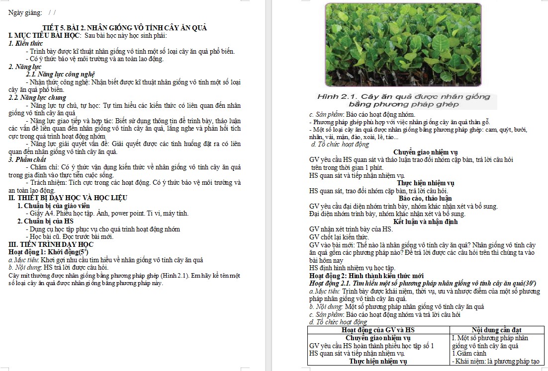 Kế hoạch bài dạy Công nghệ 9 KNTT Bài 2