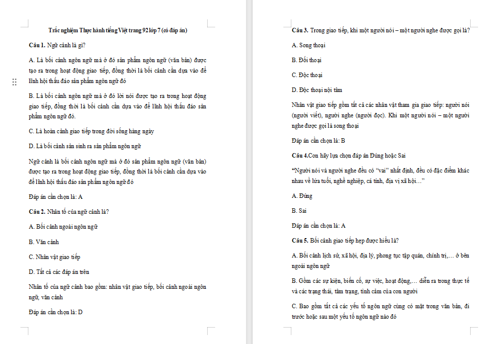 Ngữ văn 7 Bài 4: Thực hành tiếng Việt trang 92