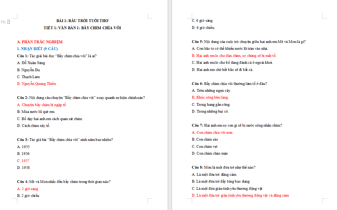 Trò chơi khởi động Ngữ văn 7 Bài 1 Bầy chim chìa vôi