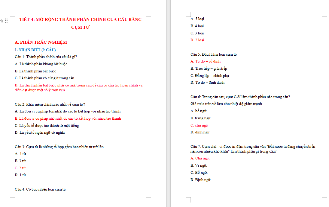 Trắc nghiệm Ngữ văn 7 Bài 1: Thực hành tiếng Việt trang 24