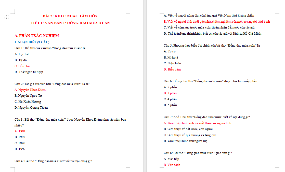 Trắc nghiệm Ngữ văn 7 Bài 2: Đồng dao mùa xuân