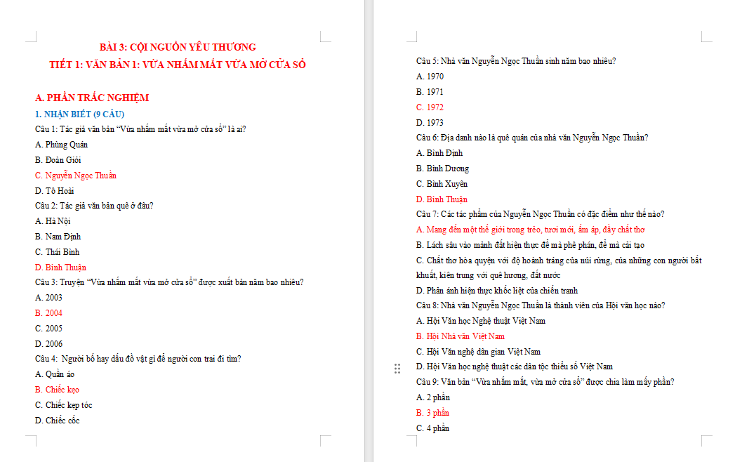 Ngữ văn 7 Bài 3: Vừa nhắm mắt vừa mở cửa sổ