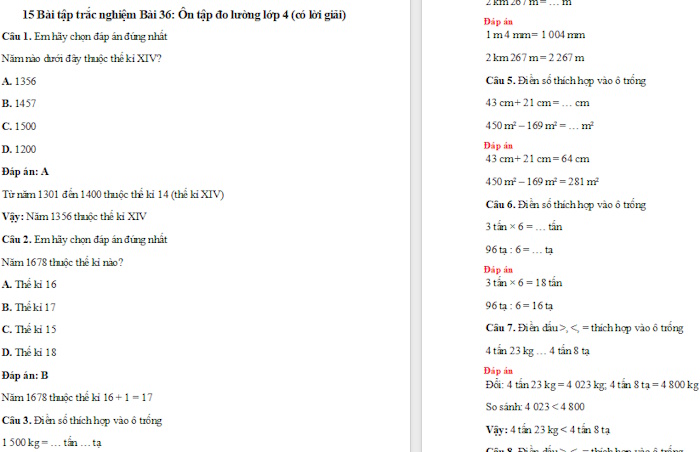 Trắc nghiệm Toán 4 Bài 36: Ôn tập đo lường