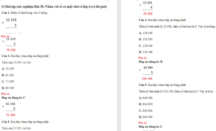 Trắc nghiệm Toán 4 Bài 38: Nhân với số có một chữ số