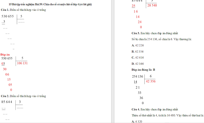 Trắc nghiệm Toán 4 Bài 39: Chia cho số có một chữ số