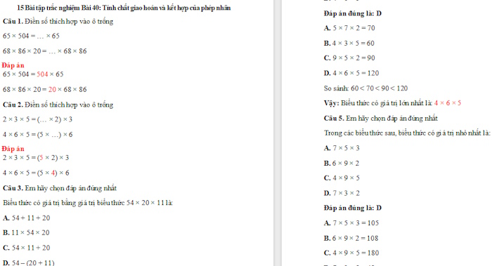 Trắc nghiệm Toán 4 Bài 40: Tính chất giao hoán và kết hợp của phép nhân