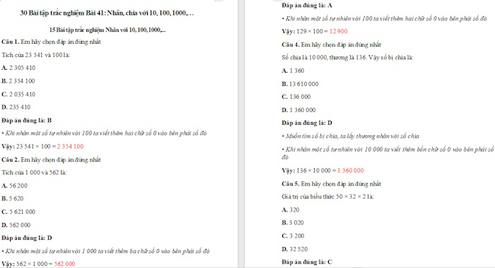 Trắc nghiệm Toán 4 Bài 41: Nhân, chia với 10, 100, 1 000, ...
