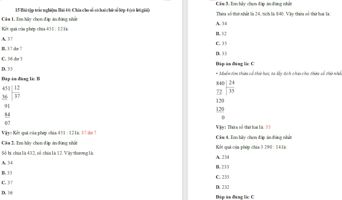 Trắc nghiệm Toán 4 Bài 44: Chia cho số có hai chữ số