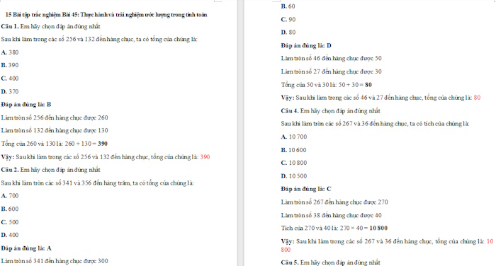 Trắc nghiệm Toán 4 Bài 45: Thực hành và trải nghiệm ước lượng trong tính toán