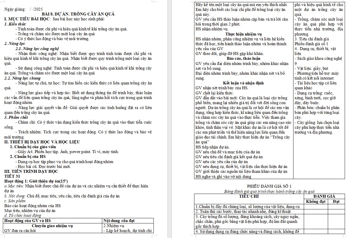 Kế hoạch bài dạy Công nghệ 9 KNTT Bài 8