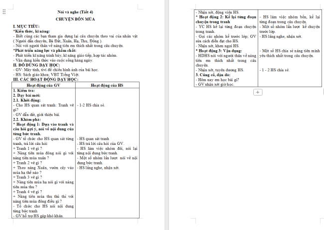 Giáo án Tiếng Việt 2 Bài 1: Kể chuyện Chuyện bốn mùa