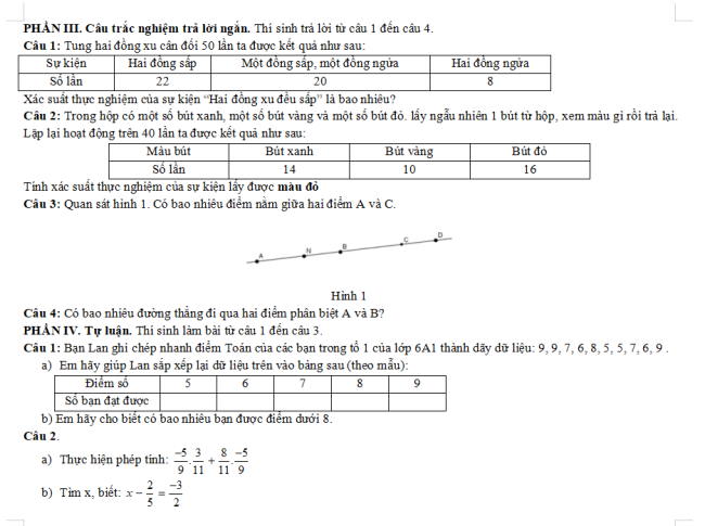 Đề thi giữa kì 2 môn Toán 6 CD