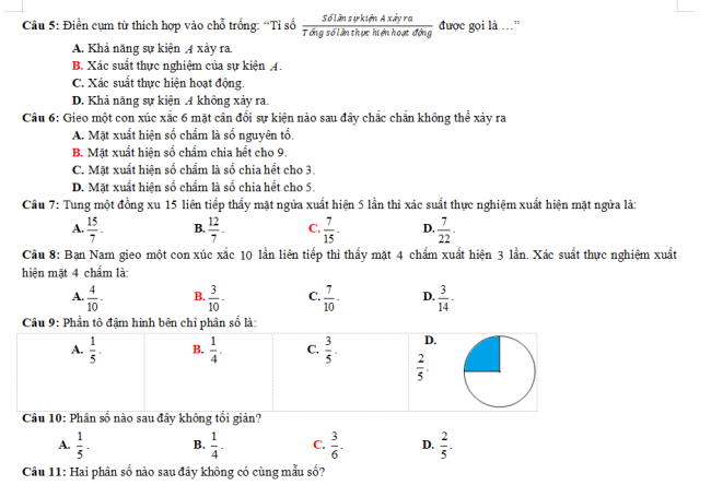 Đề thi giữa kì 2 môn Toán 6 CD
