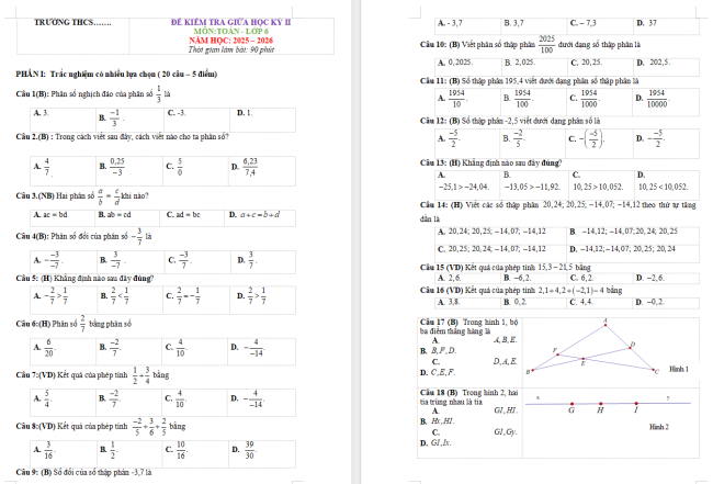 Đề thi giữa kì 2 môn Toán 6 KNTT