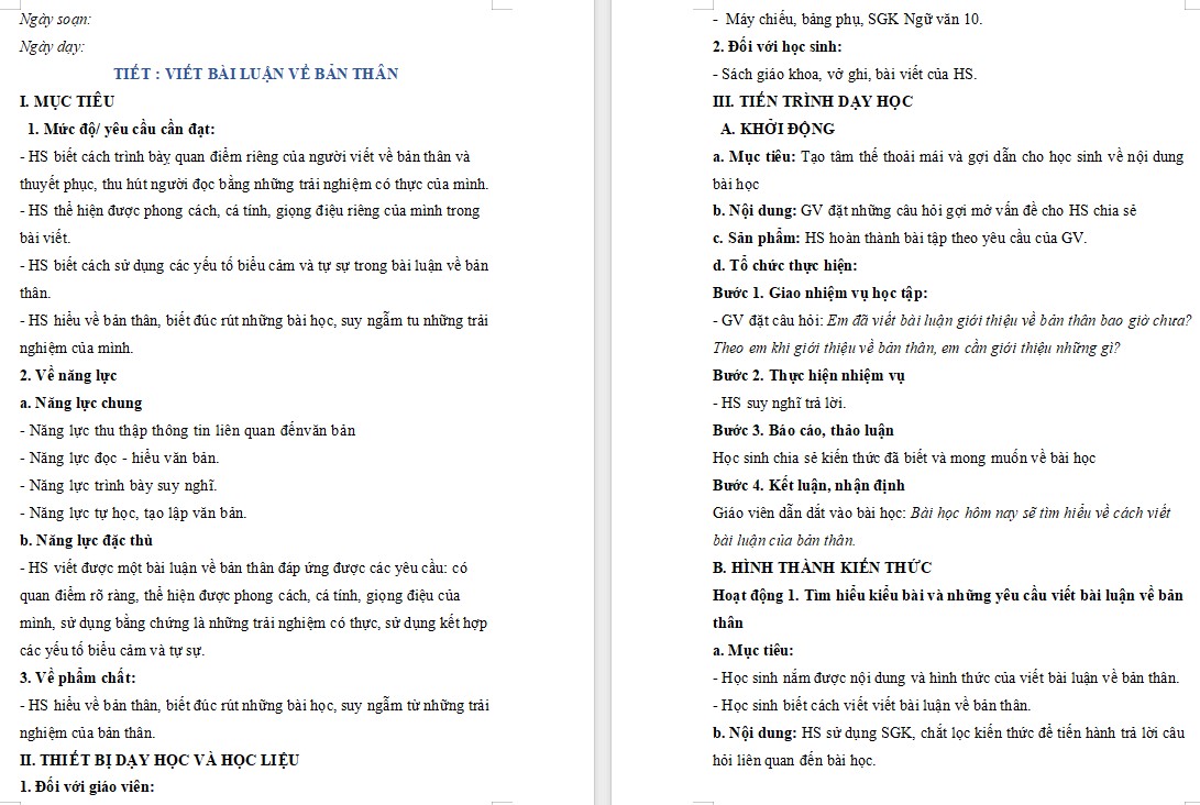 Giáo án Bài Viết bài luận về bản thân Ngữ văn 10 Kết nối tri thức