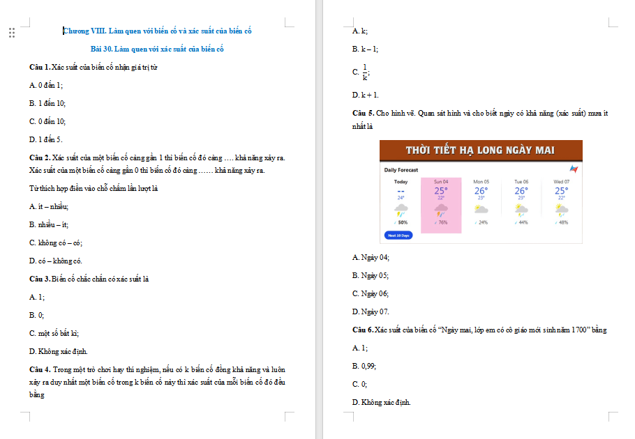 Toán 7 Bài 30: Làm quen với xác suất của biến cố