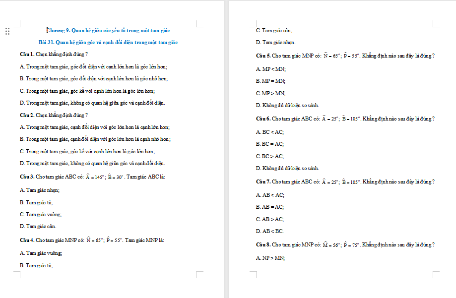 Toán 7 Bài 31: Quan hệ giữa góc và cạnh đối diện trong một tam giác