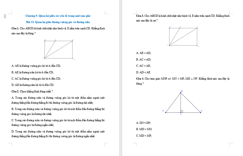 Toán 7 Bài 32: Quan hệ giữa đường vuông góc và đường xiên