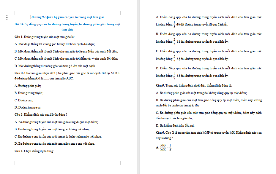 Toán 7 Bài 34: Sự đồng quy của ba đường trung tuyến ba đường phân giác trong một tam giác