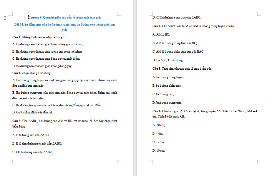 Toán 7 Bài 35: Sự đồng quy của ba đường trung trực ba đường cao trong một tam giác