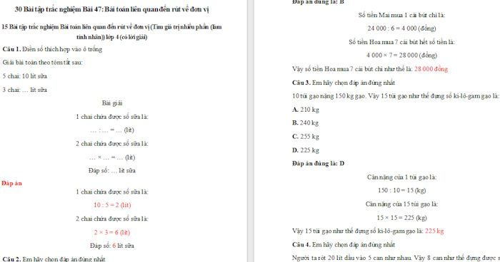 Trắc nghiệm Toán 4 Bài 47: Bài toán liên quan đến rút về đơn vị