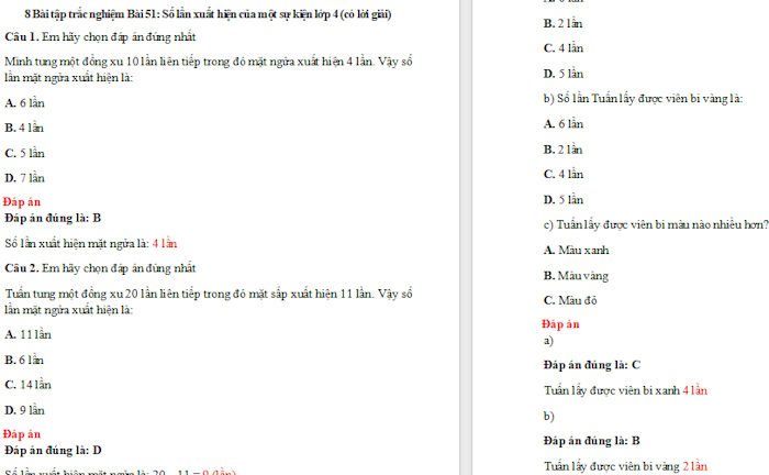 Trắc nghiệm Toán 4 Bài 51: Số lần xuất hiện của một sự kiện