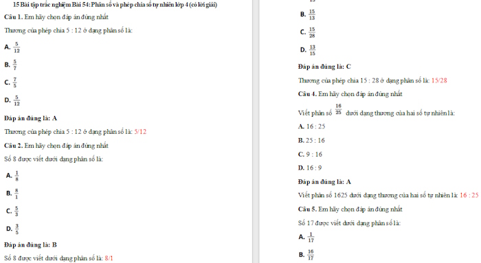 Trắc nghiệm Toán 4 Bài 54: Phân số và phép chia số tự nhiên