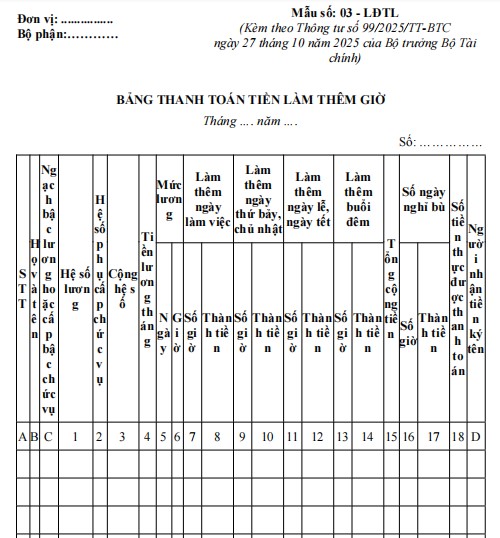 Bảng thanh toán tiền làm thêm giờ