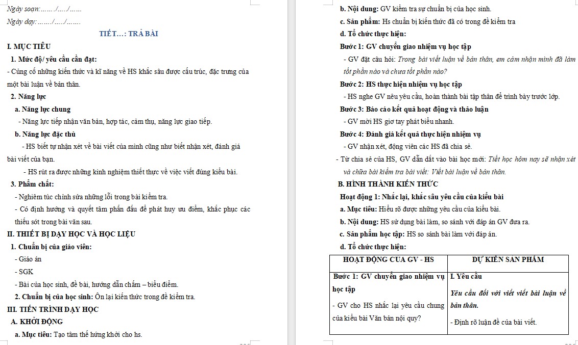 Giáo án Bài 9 Tiết trả bài Ngữ văn 10 KNTT